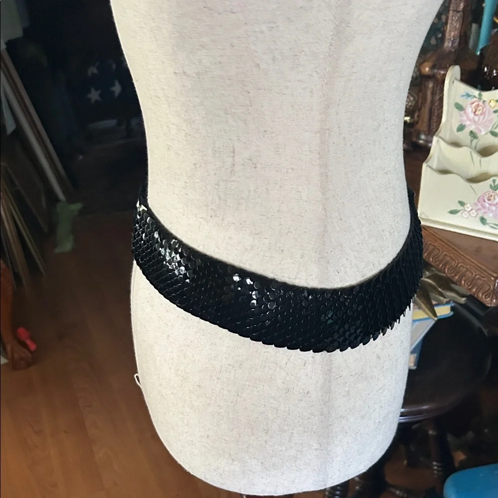 Vintage Black Metal Fish Scales Stretch Belt with Silver Buckle